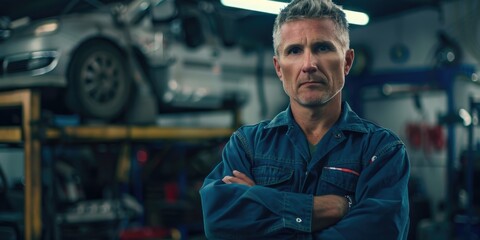 Portrait of mechanic in a workshop with crossed arms. Close up of skilled mechanic or technician crossing arms or making folded arms with blurring background. Automotive repair and service. AIG51.