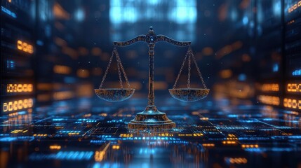 justice scales balancing in a hightech data center glowing circuits binary code streams cool blue tones depth of field legal technology concept