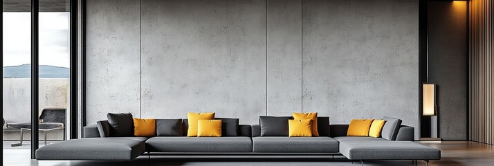 Wall Mural - Modern living room interior with a large gray sofa, yellow pillows, and a concrete wall