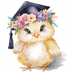 Fluffy Chick Celebrates Academic Success with Floral Graduation Cap