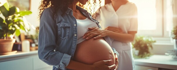 Pregnant woman stands with her doctor, gently cradling her baby bump and smiling