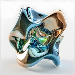 Abstract 3D glass visualization with gold and silver metallic effect and green and blue refractions on white background, perfect for contemporary design.