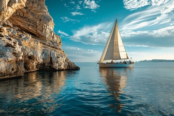 Wall Mural - Sailboat is sailing on calm water near a rocky island on a beautiful sunny day