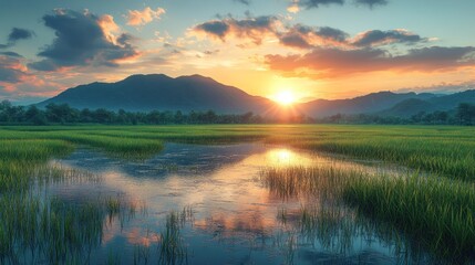 Poster - Sunset Over Rice Paddy Fields