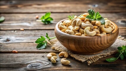 Rustic arrangement of cashew nuts and herbs in a wooden bowl on a table