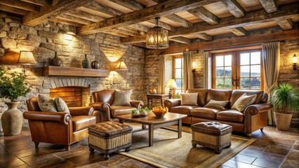 cozy rustic country cottage with natural stone walls distressed wooden beams plush caramel leather armchairs vintage woven baskets warm golden soft focus lighting peaceful serene atmosphere