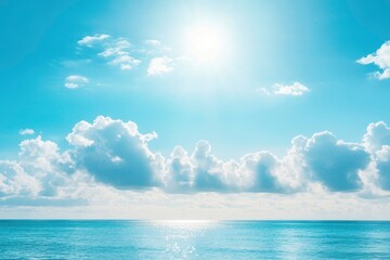 Panorama of clear sky background for summer vacation concept at ocean and summer sea water with sunlight of beautiful cloudy sky , ai