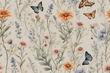 Sticker - A floral pattern with wildflowers and butterflies on a soft muted background, AI Generated