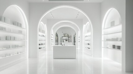 Wall Mural - Modern White Interior with Arched Doorways and Shelving