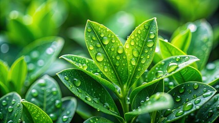 Wall Mural - Close-up of a green plant with water droplets on leaves, surrounded by lush green foliage in the background