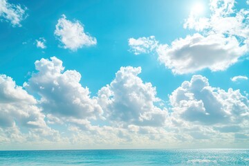 Panorama of clear sky background for summer vacation concept at ocean and summer sea water with sunlight of beautiful cloudy sky , ai