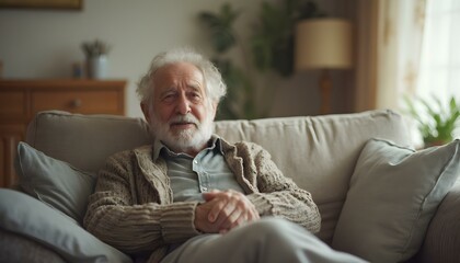 Wall Mural - A Happy American senior man sitting on sofa at nursing home looking at camera