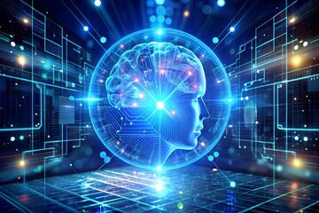 Wall Mural - digital brain hologram with circuit board on dark blue background 3d rendering