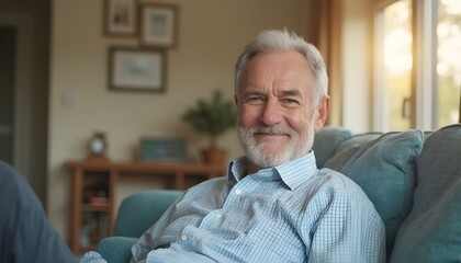 Wall Mural - A Happy American senior man sitting on sofa at nursing home looking at camera