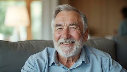 Wall Mural - A Happy American senior man sitting on sofa at nursing home looking at camera