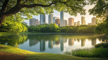 Canvas Print - A serene city park with lush greenery, overlooking the skyline at sunrise.