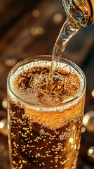 Wall Mural - Close-Up View of Cider Pouring into Glass Showcasing Bubbles and Golden Hue