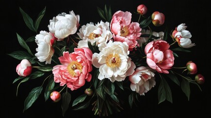 A bouquet of pink and white peonies, representing romance and prosperity, perfect for spring and bridal promotions