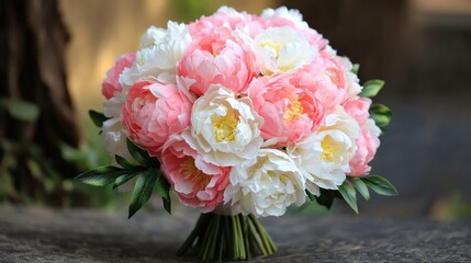 A bouquet of pink and white peonies, representing romance and prosperity, perfect for spring and bridal promotions