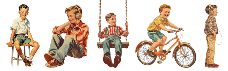 Canvas Print - Vintage kids illustration png cut out element set