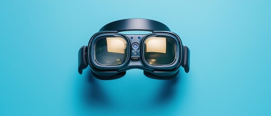 Close-up of virtual reality goggles on a bright blue background, showcasing modern VR technology and futuristic gadgets.