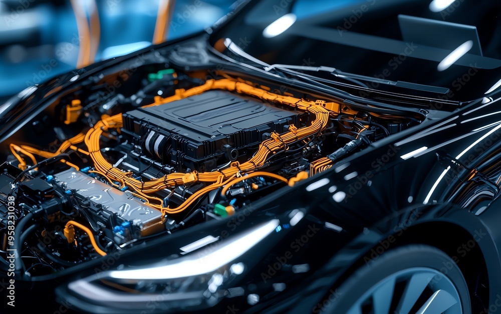 Close-up of an electric car engine, showcasing intricate wiring and ...