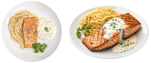 Wall Mural - Grilled Salmon with Creamy White Sauce and Spaghetti Pasta Bundle – Delicious Seafood Dish on White Plate for Gourmet Dining and Culinary Concepts, Side View and Top View