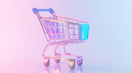 Wall Mural - A Single, Empty, Metallic Shopping Cart with a Blue Handle on a Gradient Background