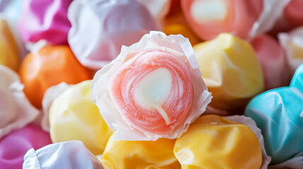 Wall Mural - Taffy candies stacked in a small pile, their wrappers slightly crinkled and the candy inside looking soft and pliable