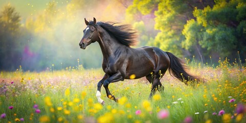 Vibrant black horse in a whimsical spring meadow, playful pose, bright colors, soft focus, joyful mood, freedom concept, natural-light photography.