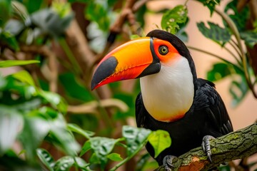 Colorful toucan perched among lush green leaves in vibrant habitat