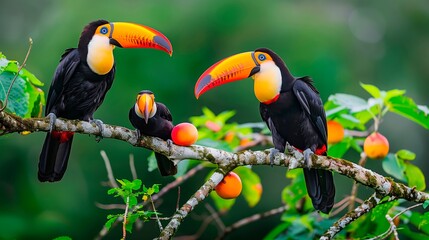 Colorful toucans perched on a branch surrounded by fruit in the jungle