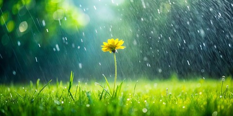 Wall Mural - Lone yellow flower amidst lush green grass, with raindrops falling and trees in the background drenched in downpour