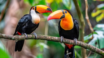 Two toucans perched on a branch in a tropical forest during daylight