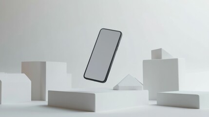 Wall Mural - Smartphone Floating Above White Geometric Shapes