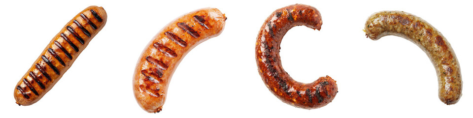 On a transparency background, a full view of a pork sausage is shown at the top