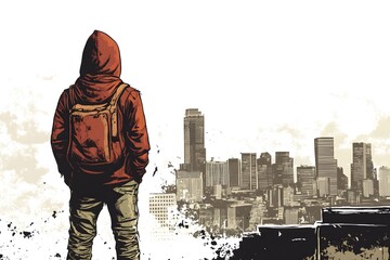 A man in a red hoodie is standing on a rooftop looking out over a city