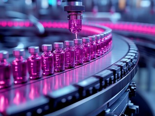 3D Illustration of a Conveyor Belt Filling Vials with Pink Liquid