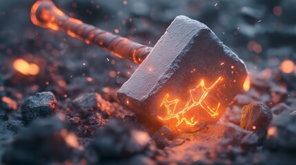 glowing hammer with intricate designs among rocks, symbolizing power and mythology