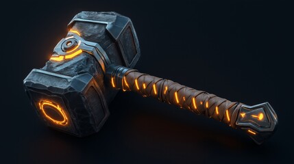 glowing hammer with intricate designs among rocks, symbolizing power and mythology