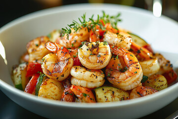 tasty and delicious grilled shrimps, prawns or gambas with dill, gourmet dinner