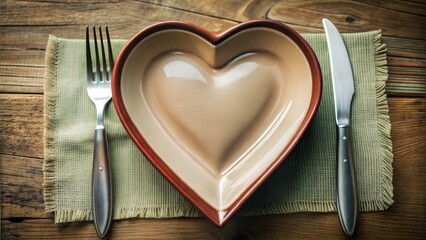 Wall Mural - plate in shape of heart table knife and fork