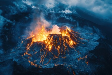 Canvas Print - Volcano erupts with fiery glow