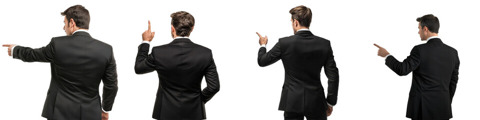 Poster - A full-body back view of a businessman and a businesswoman pointing at something on a transparency background