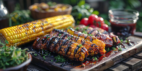 Grilled corn on the cob drizzled with a rich barbecue glaze is served alongside fresh herbs and vegetables.