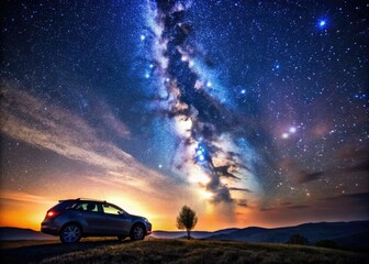 starry night sky celestial background car silhouette peaceful landscape