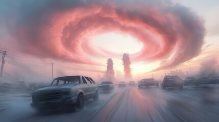 A car is driving down a road with a large red cloud in the background