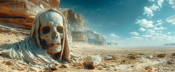 Canvas Print - Surreal desert landscape with a colossal skull wearing draped fabric amidst rocky terrain under a blue sky. The scene captures the dramatic juxtaposition of human elements with the natural world.