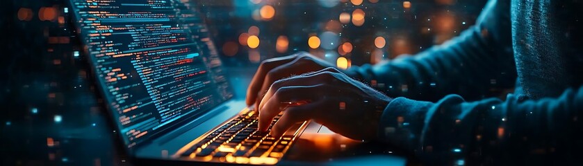 Programmer Typing on Laptop with Code on Screen - Photo