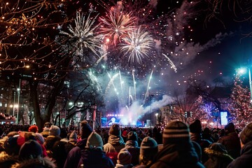 New Year's Eve Celebration in a City Square with Fireworks